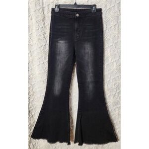 Anna Kaci Jeans Womens‎ L Black Flared Denim Bell Bottom Country Western Raw Hem